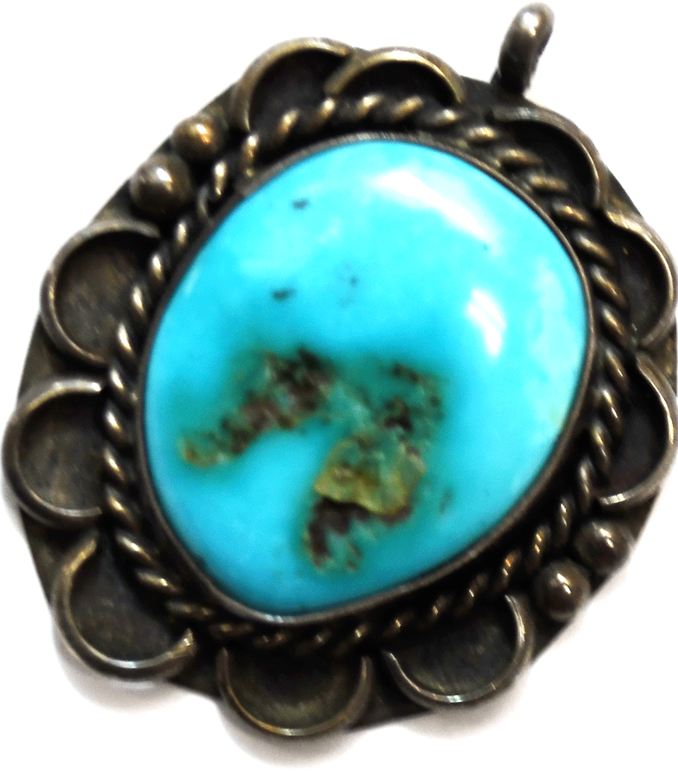Antique Sterling Silver Round Turquoise Small Bale Pendant 33mm x 28mm