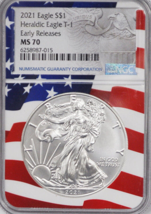 2021 American Silver Eagle NGC MS70 $1 Type 1 Heraldic ER Flag Holder