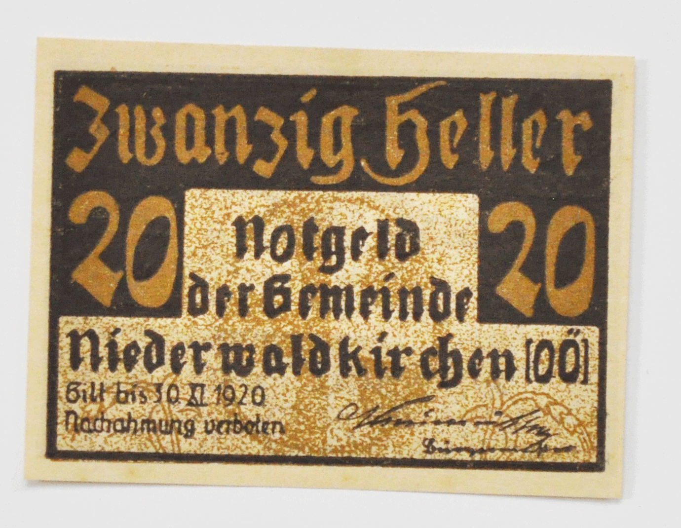 1920 20 Twenty Heller Austria Notgeld Niederwaldkirchen Uncirculated