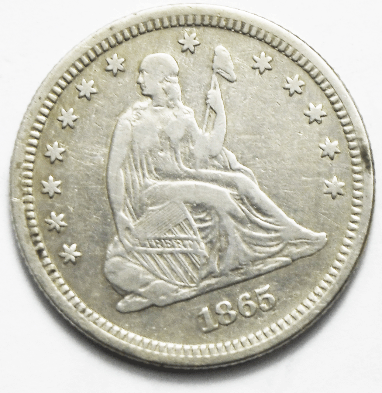 1865 25c Seated Liberty Silver Quarter Dollar Twenty Five Cents Rare VF