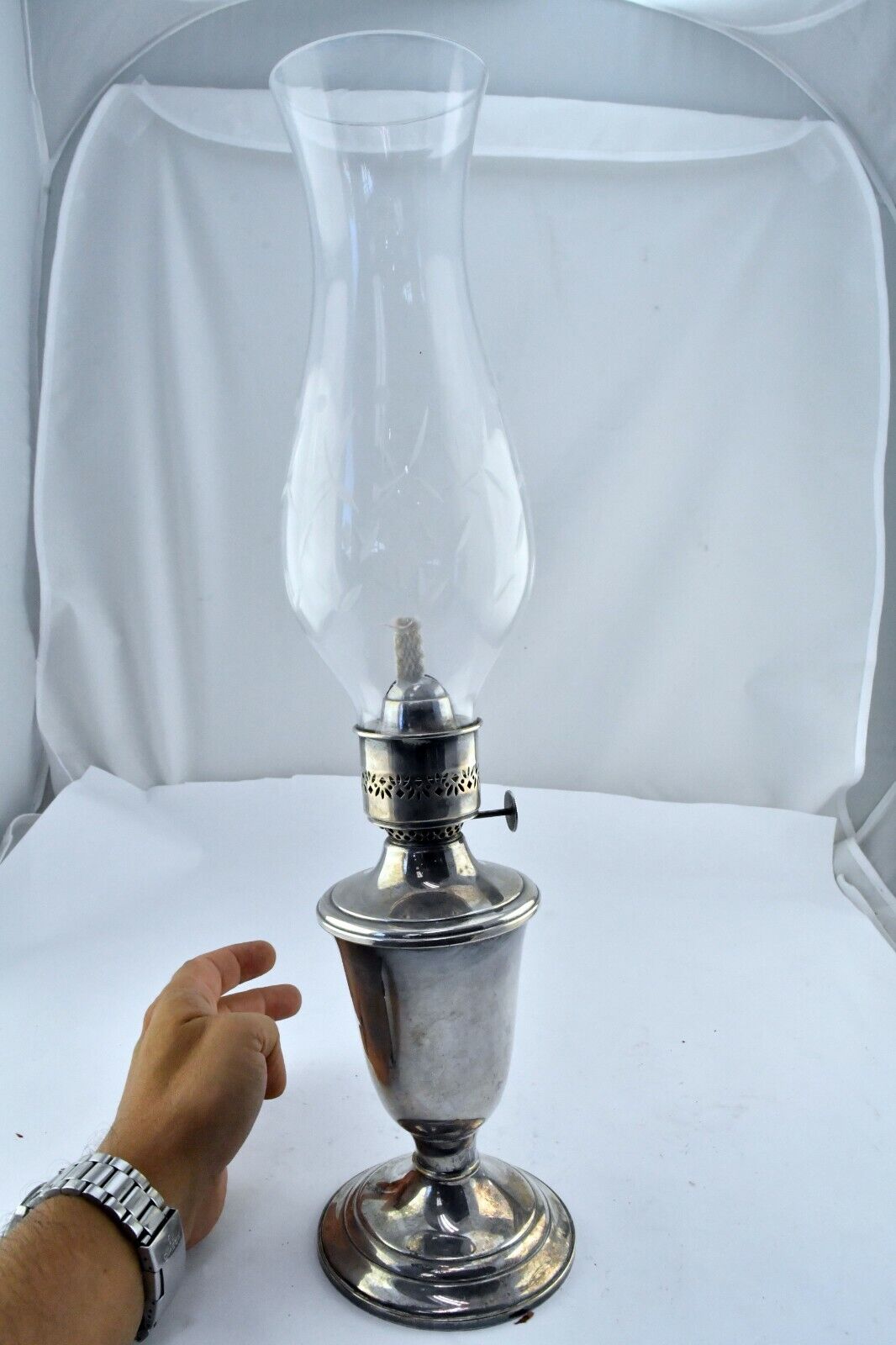 17" Vintage Gorham Silver Plate Kerosene Lamp with Glass Hurricane #YC490