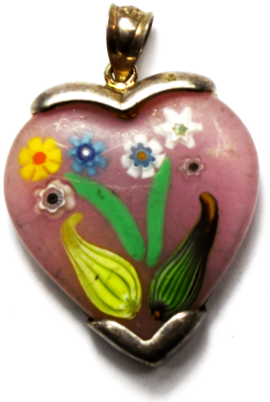 Sterling Silver Milliefiori  Pink Murano Heart Flower  Pendant 37mm x 26mm
