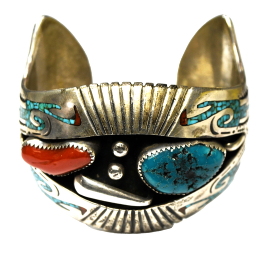 Sterling Tomas Singer Turquoise Coral Shadow Box Inlay Bracelet 51mm