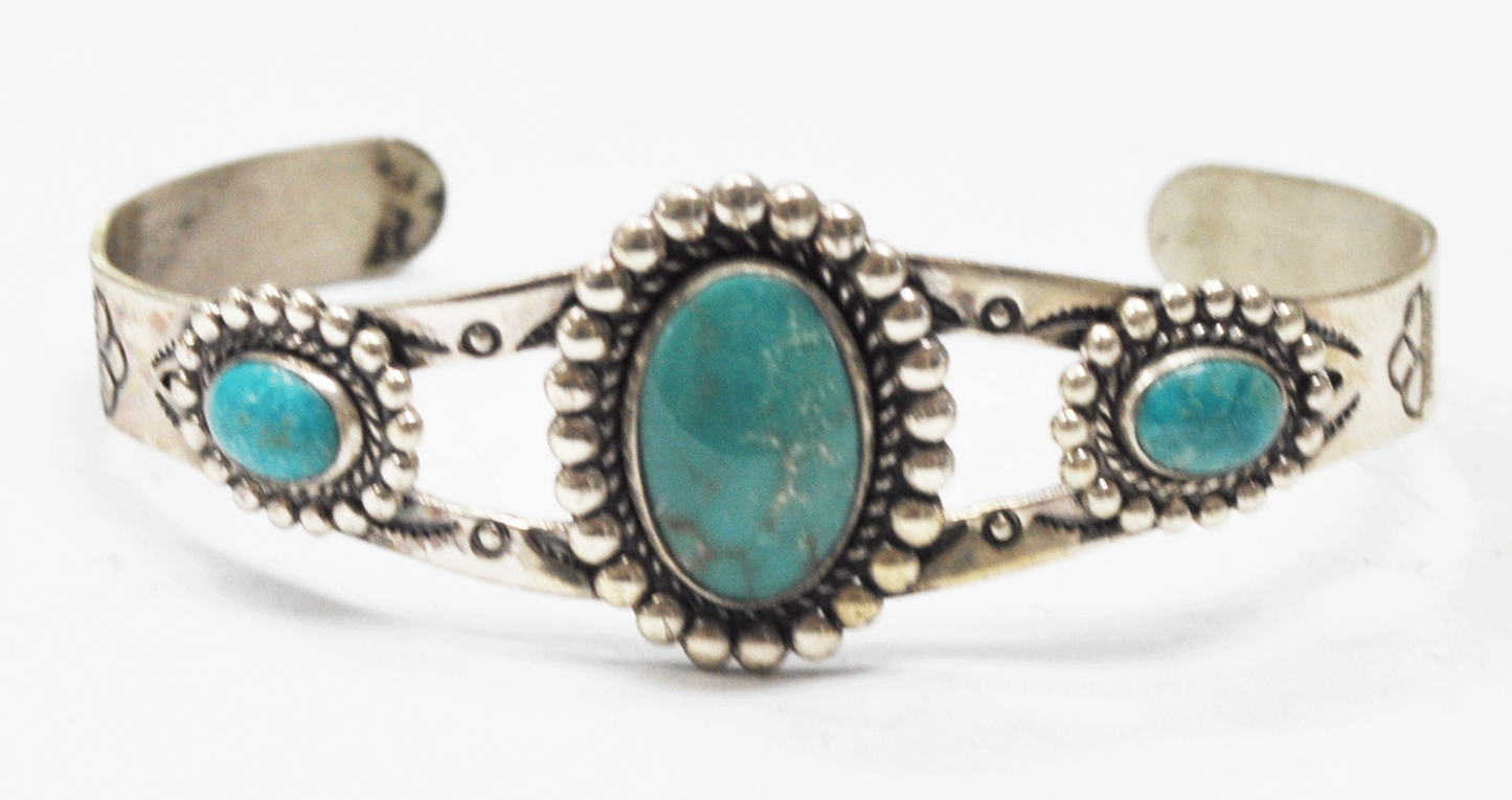 Sterling Triple Turquoise Antique Bell Trading Cuff 26mm Bracelet 7" Wrist