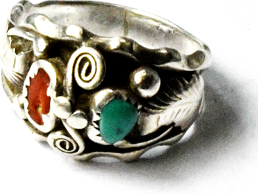 Antique Sterling Silver Max C Turquoise Coral Ring 15mm Size 9-1/2