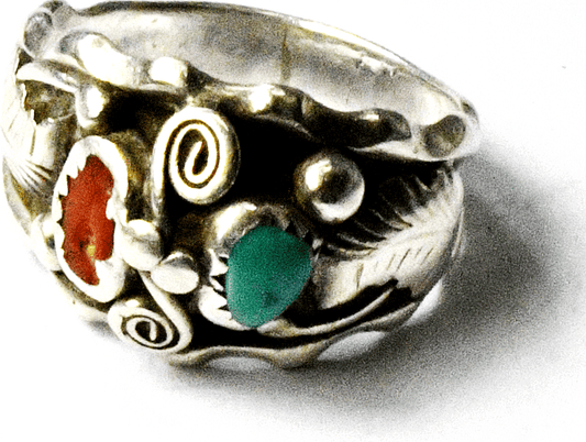 Antique Sterling Silver Max C Turquoise Coral Ring 15mm Size 9-1/2