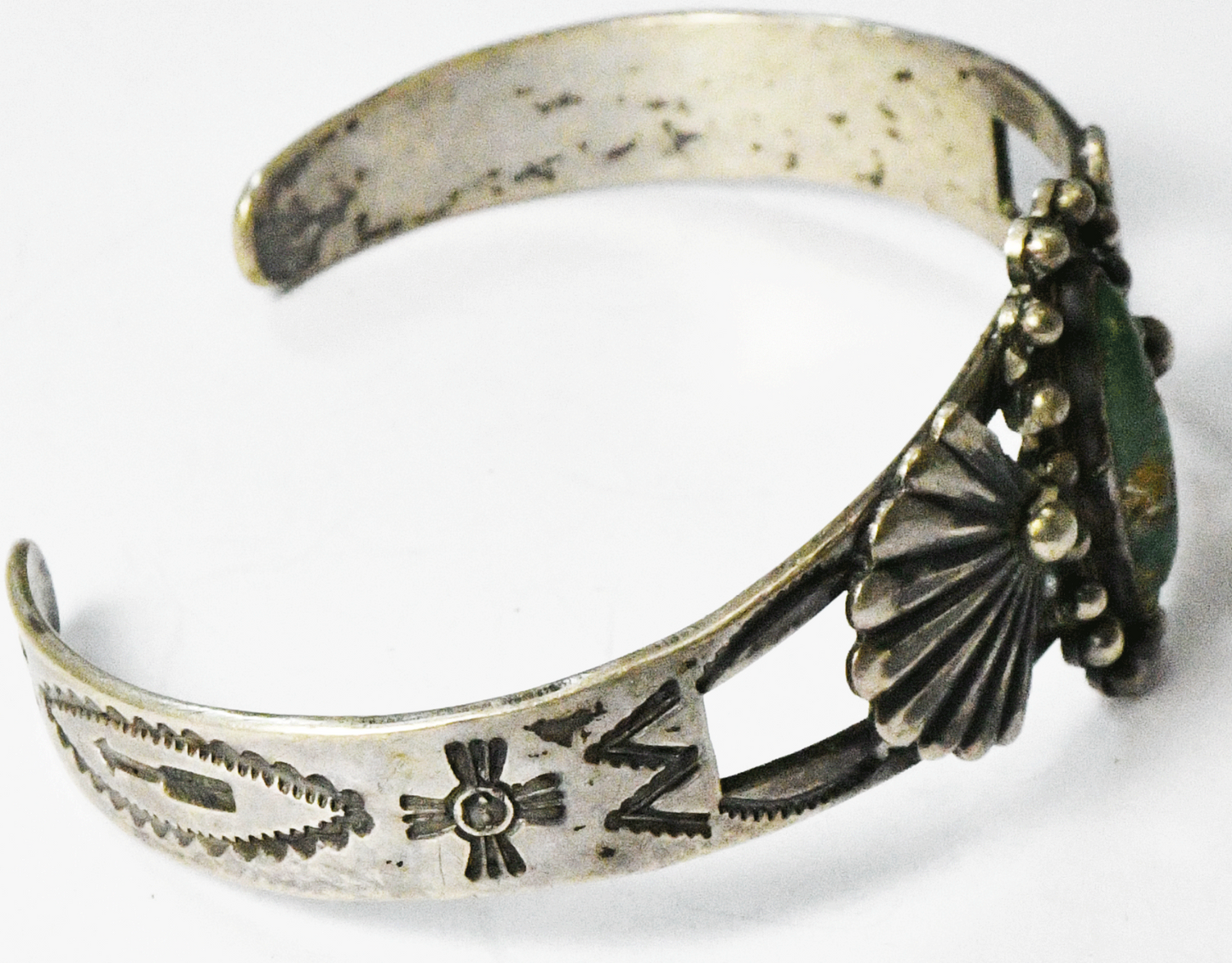 Antique Sterling Silver Green Turquoise Fan Edge Cuff Bracelet 24mm 6-1/2" Wrist