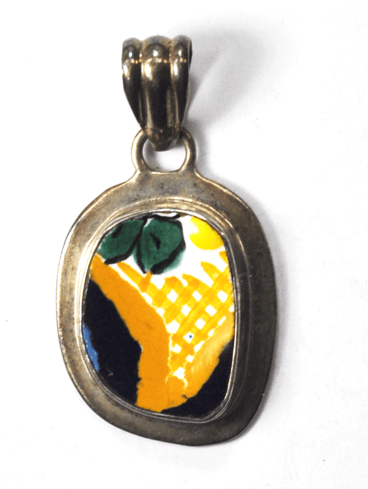 Sterling Yellow Blue White Enamel Green Leaf Bright Clorful Pendant 2" x 28mm
