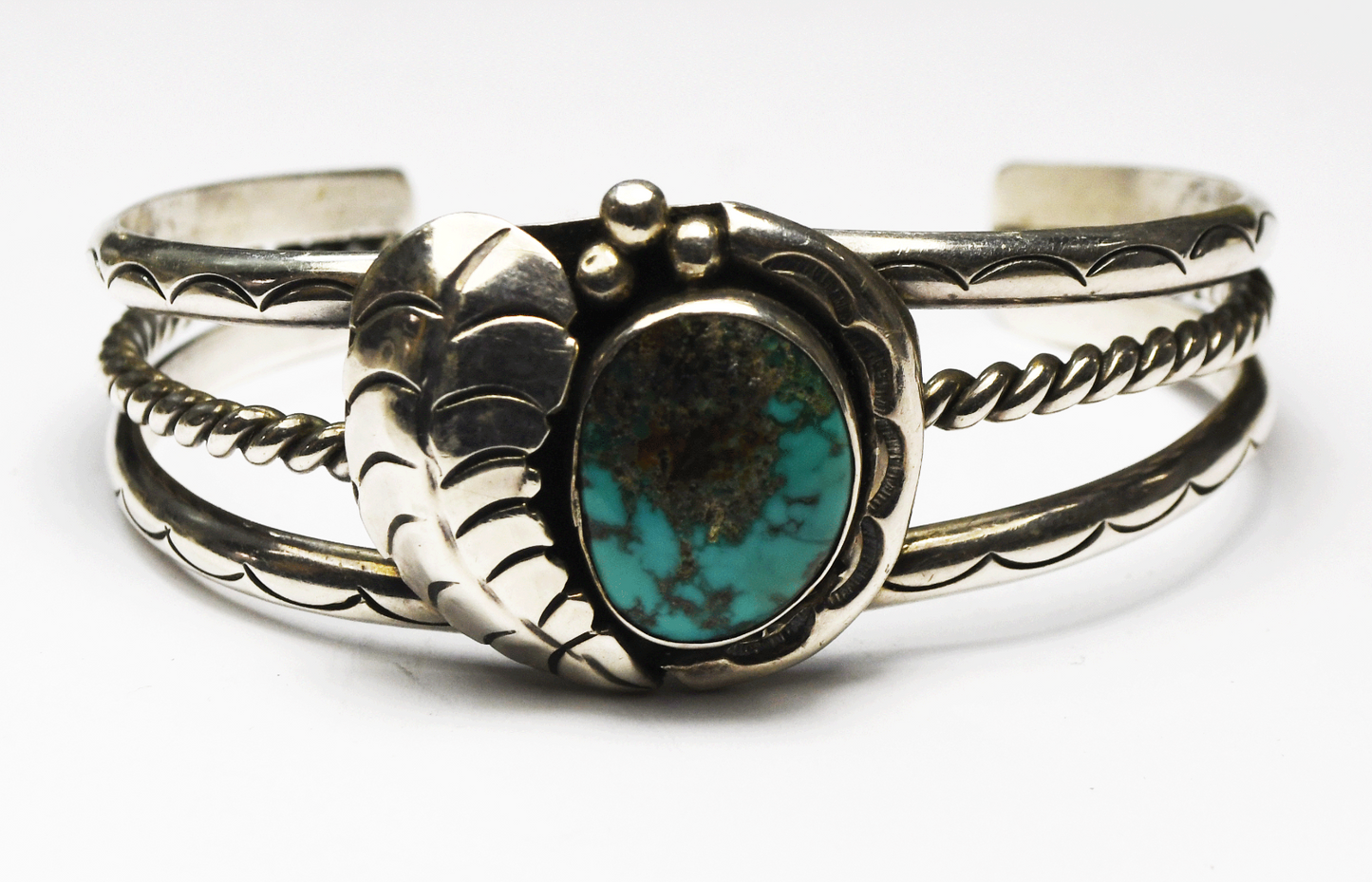 Sterling Turquoise Split 3 Bar Cuff Floral 27mm Bracelet 7" Wrist