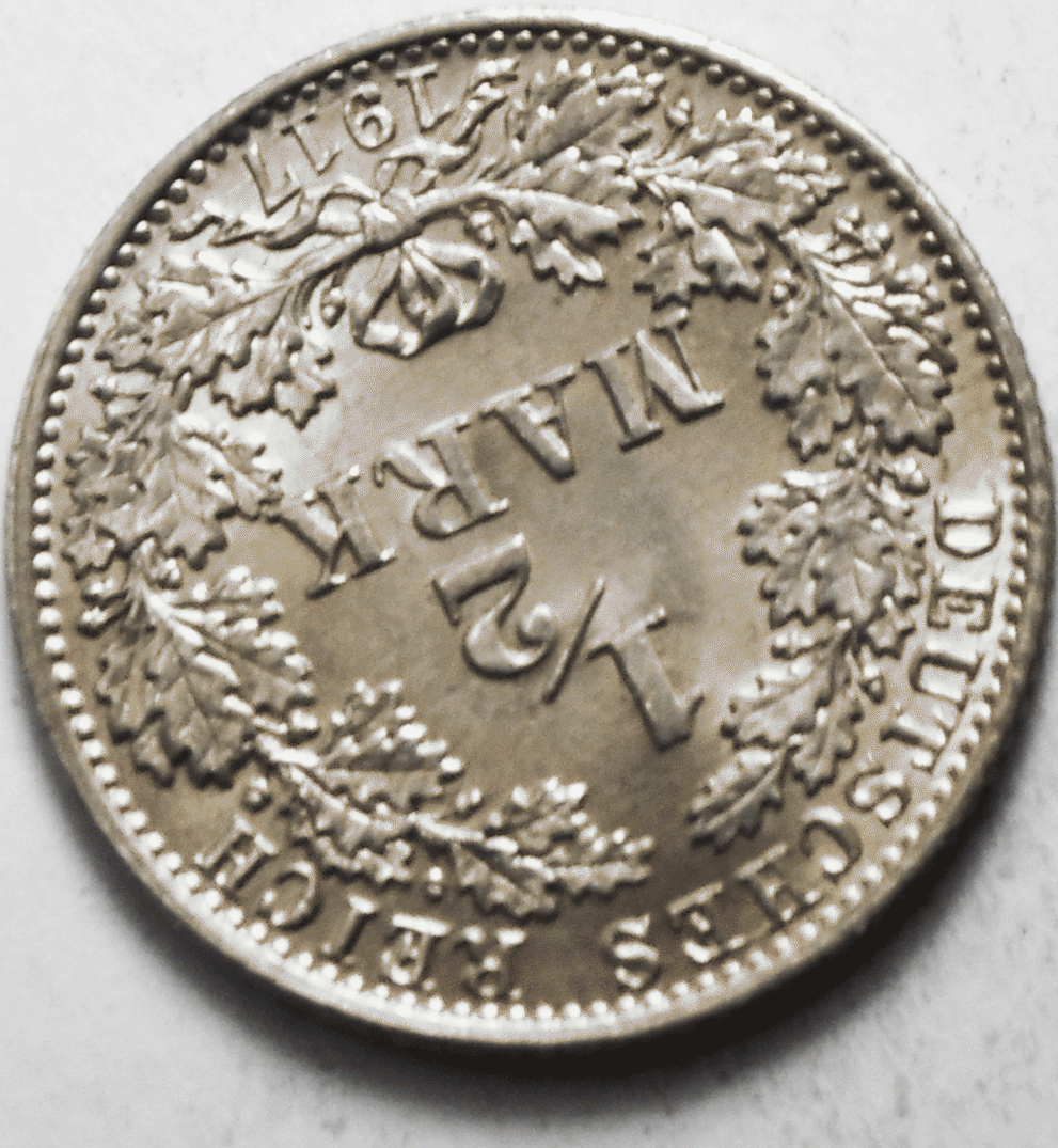 1917 A Germany Empire Silver Half 1/2 Mark Coin KM#17 Uncirculated
