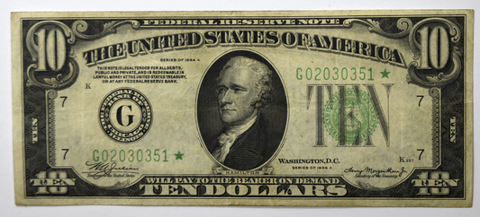 1934 A $10 Ten Dollars Federal Reserve Note Star Note G02030351*