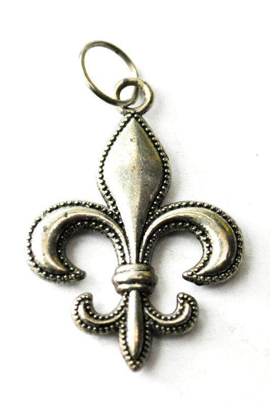 Silver Plated Fleur De Lis Charm Pendant Dot Edge 27mm x 20mm