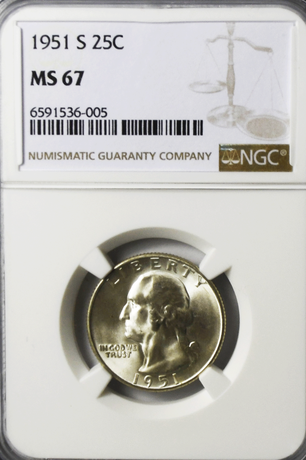 1951 S 25c Washington Silver Quarter Dollar NGC MS67 Gem Uncirculated