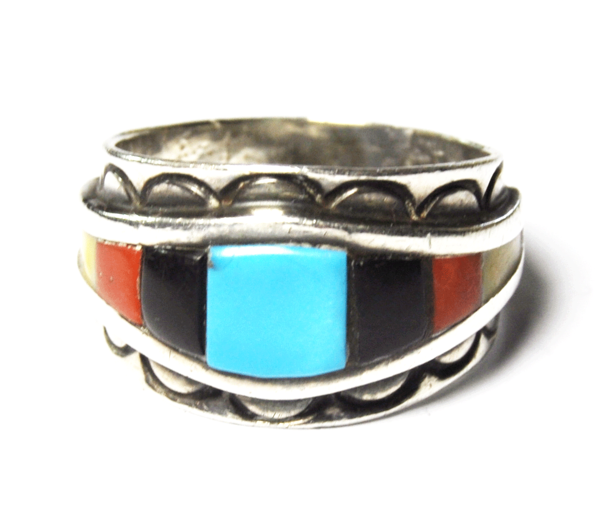 Beautiful Sterling Silver W Dodson IHMSS Stepped Inlay Ring 17mm Size 12.5