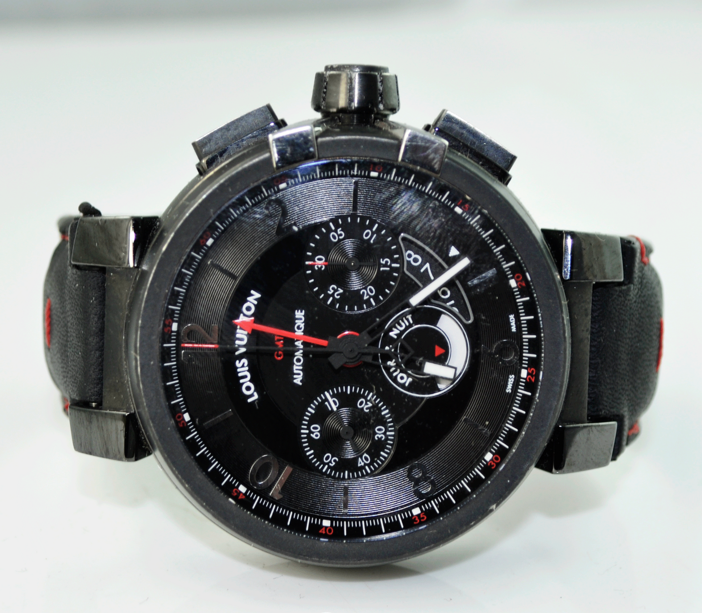 Louis Vuitton Auto Black Race Track Dial Chrono Tambour Moon Watch 45mm Date GMT