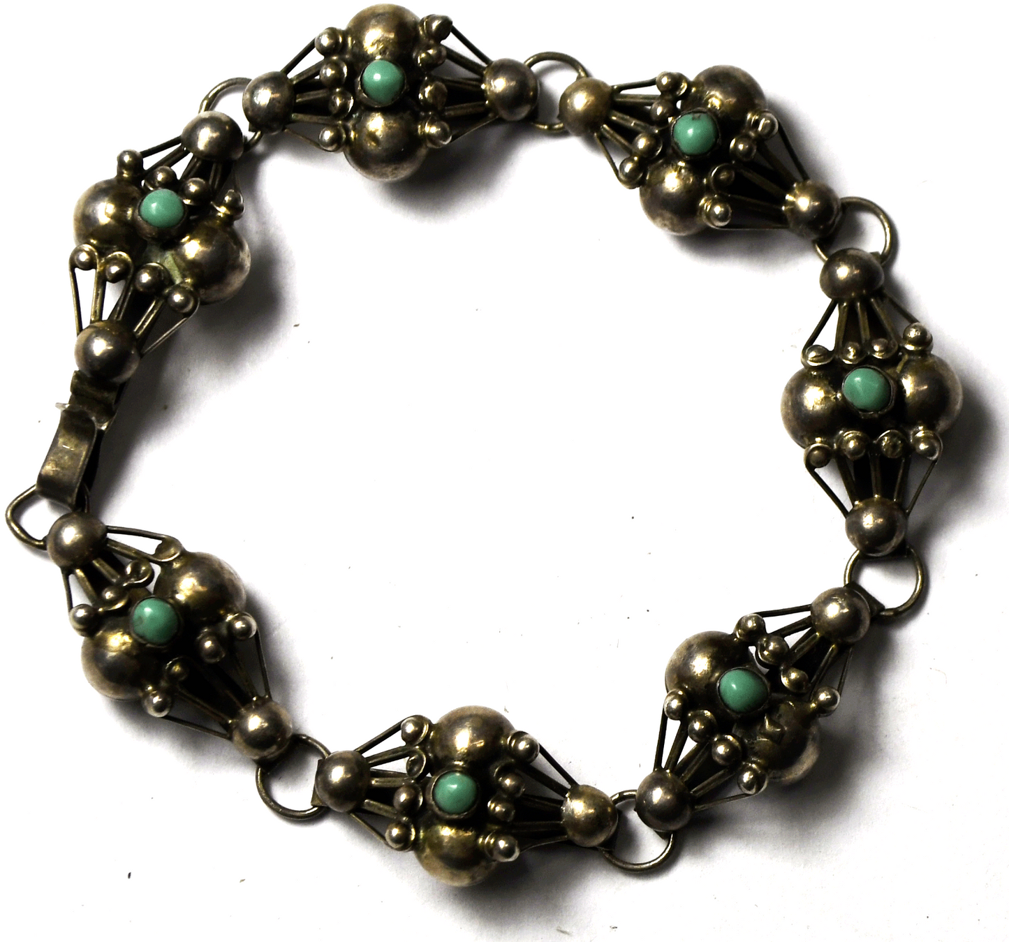 Sterling Mexico VOC Turquoise Dot Berry Cluster Bracelet 12mm 6-1/2"