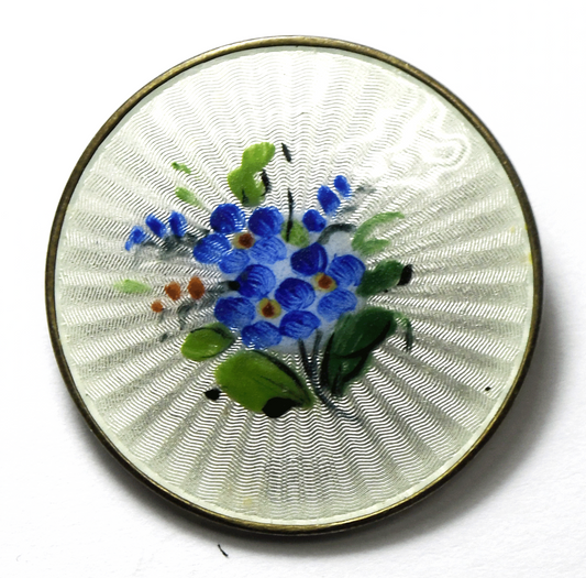 Sterling Silver Round Guilloche Enamel Flower White Brooch Pin 41mm