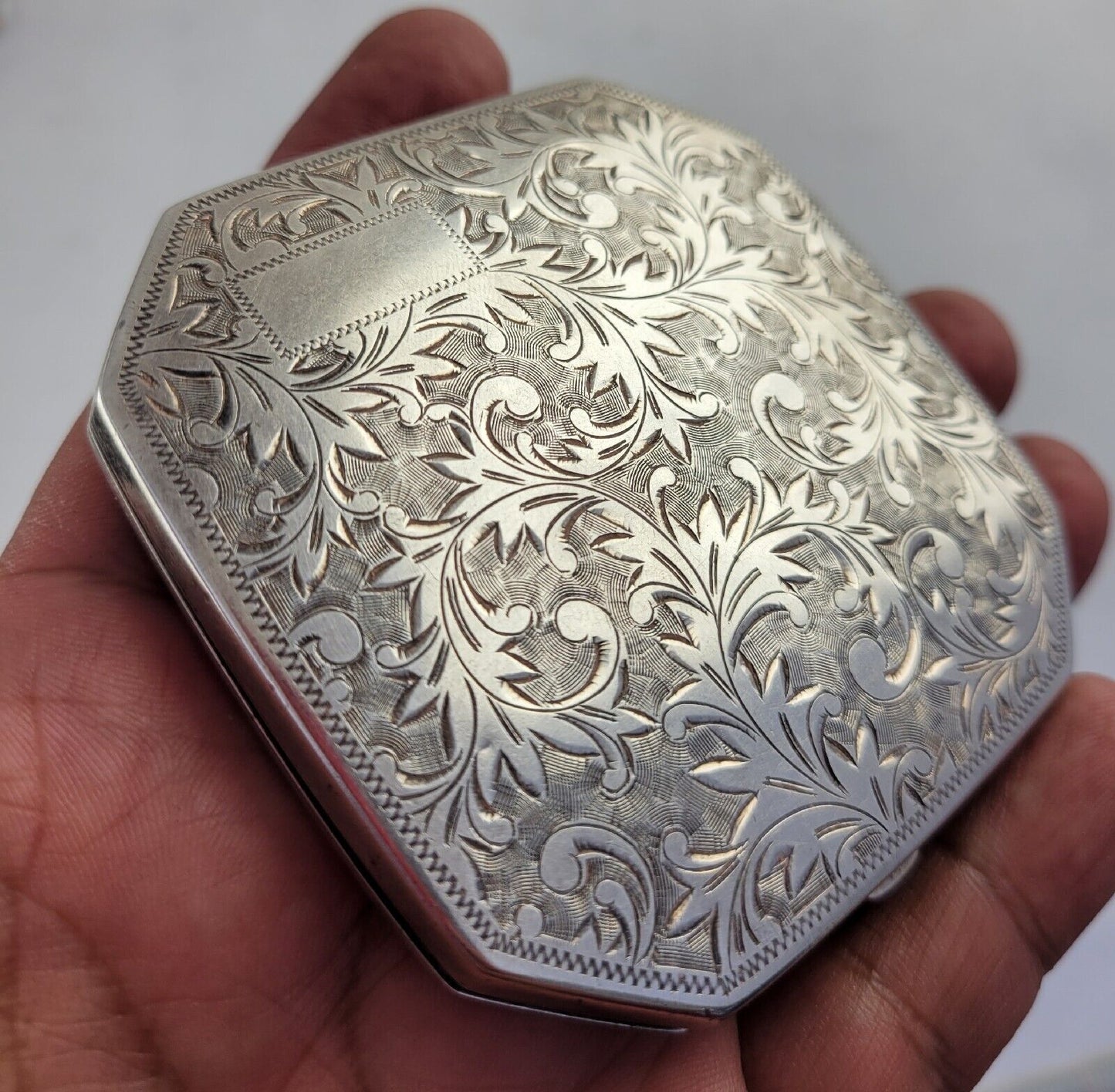 950 Sterling Silver 2 7/8" Octagon Mirror Make-Up Compact Hand Chased