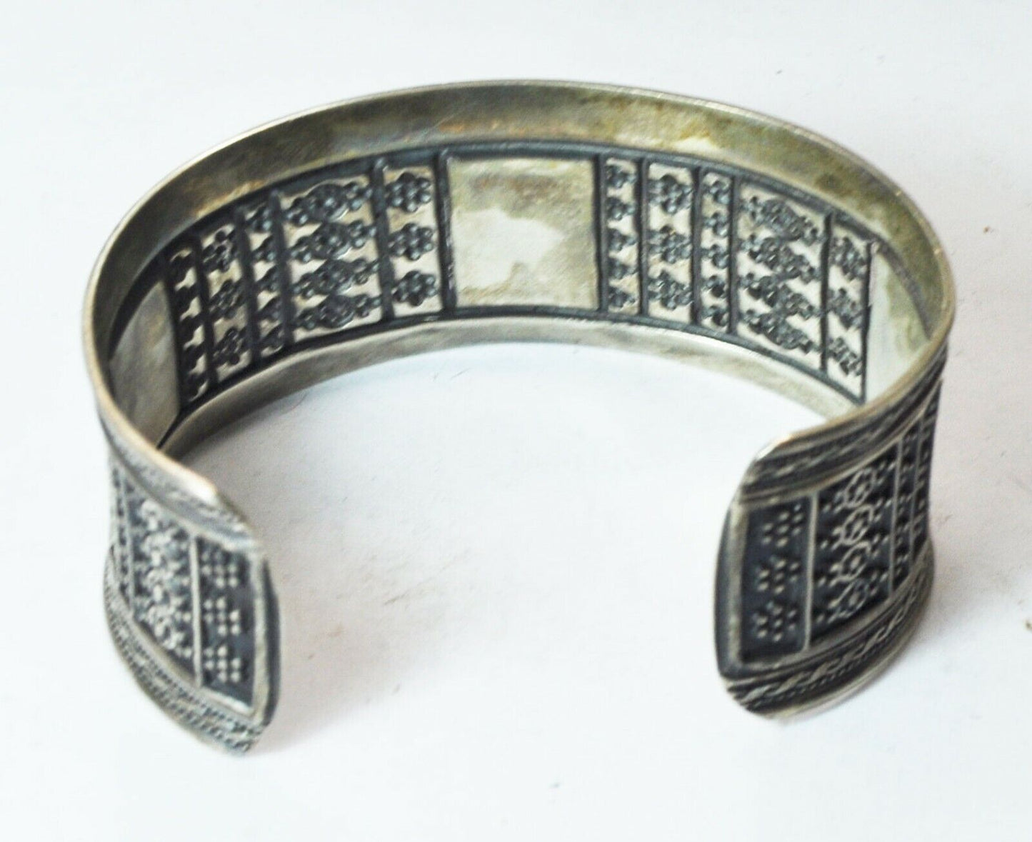 Sterling Antique Islamic Wide Cuff Flower Stamp Bracelet 32mm 7-1/2" Wrist
