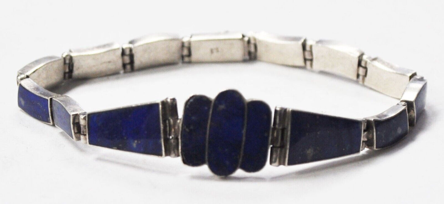 950 Silver Blue Lapis Graduated Bracelet 15mm 7-1/4"