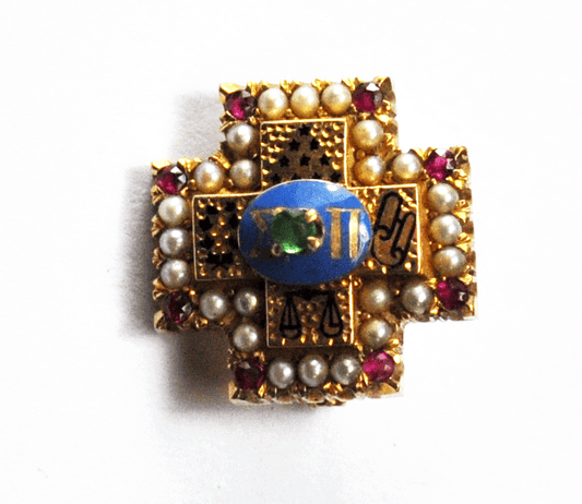 Antique 14k Gold Emerald Sigma Pi Brooch Pin Charm Pendant Pearl Ruby 15mm