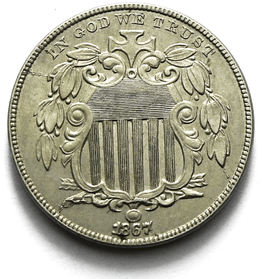 1867 No Rays 5c Shield Nickel Five Cents US Coin AU