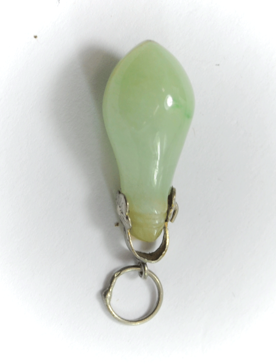 Silver Plate Small Jade Tear Drop Carved Bulb Pendant 31mm x 10mm