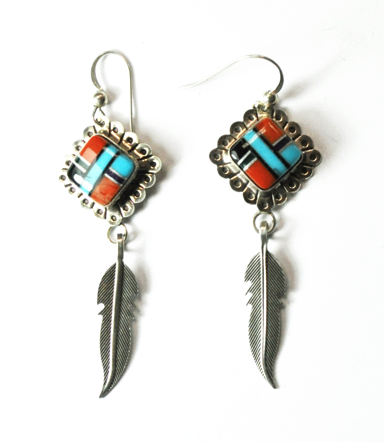 Sterling Square Inlay Earrings Feather Dangle Hook 2-5/8" x 20mm Signed W Rays