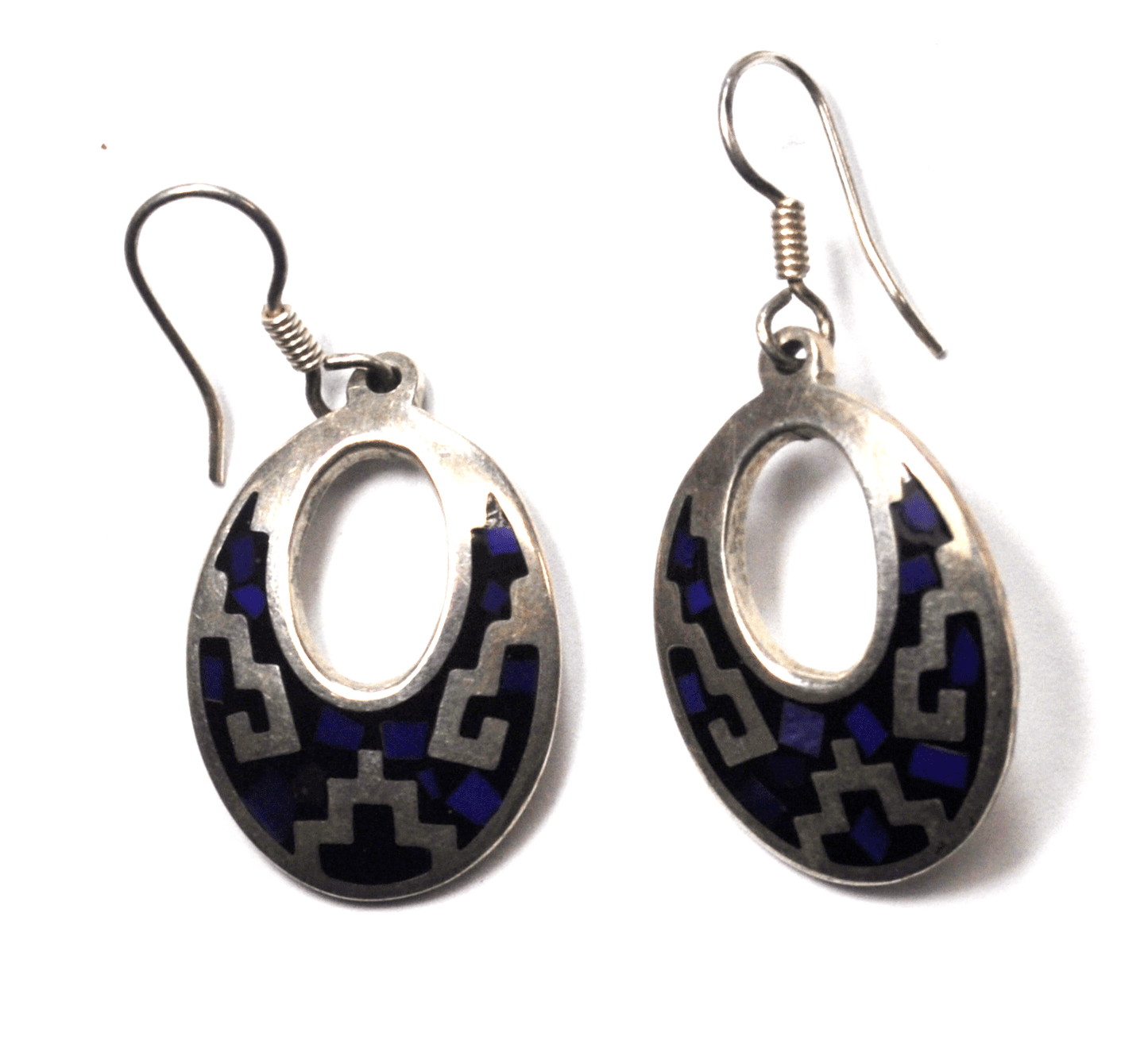 Sterling Silver Blue Geometric Inlay Zigzag 43mm x 20mm Hook Dangle Earrings
