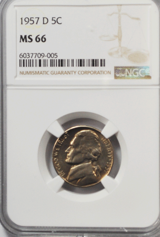 1957 D 5c Jefferson Nickel Five Cents NGC MS66 BU Denver