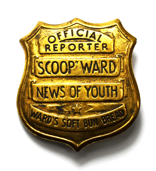 Vintage Scoop Ward Official Reporter News of Youth Badge Soft Bun Bread 42x39mm