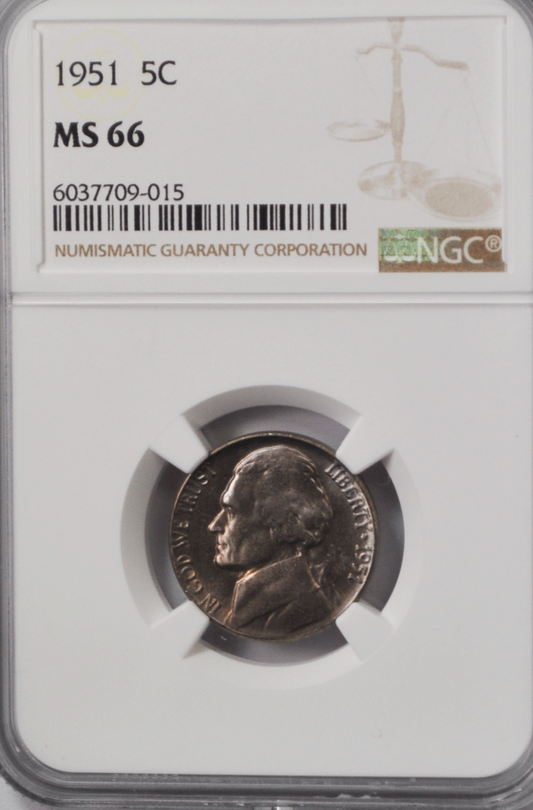 1951 5c Jefferson Nickel Five Cents NGC MS66 BU Philadelphia