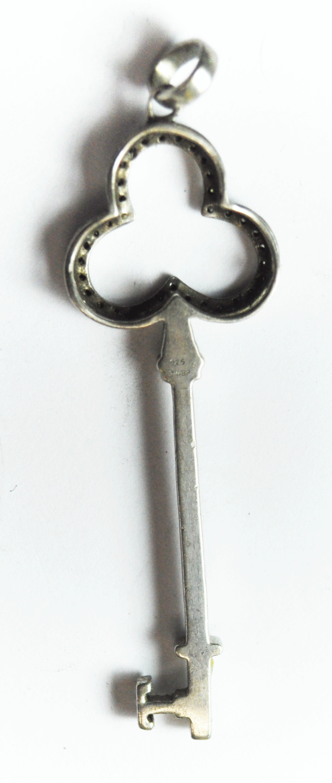 Sterling Silver JWBR Diamond 3 Leaf Clover Key Pendant 2-1/2" x 20mm    5.2g