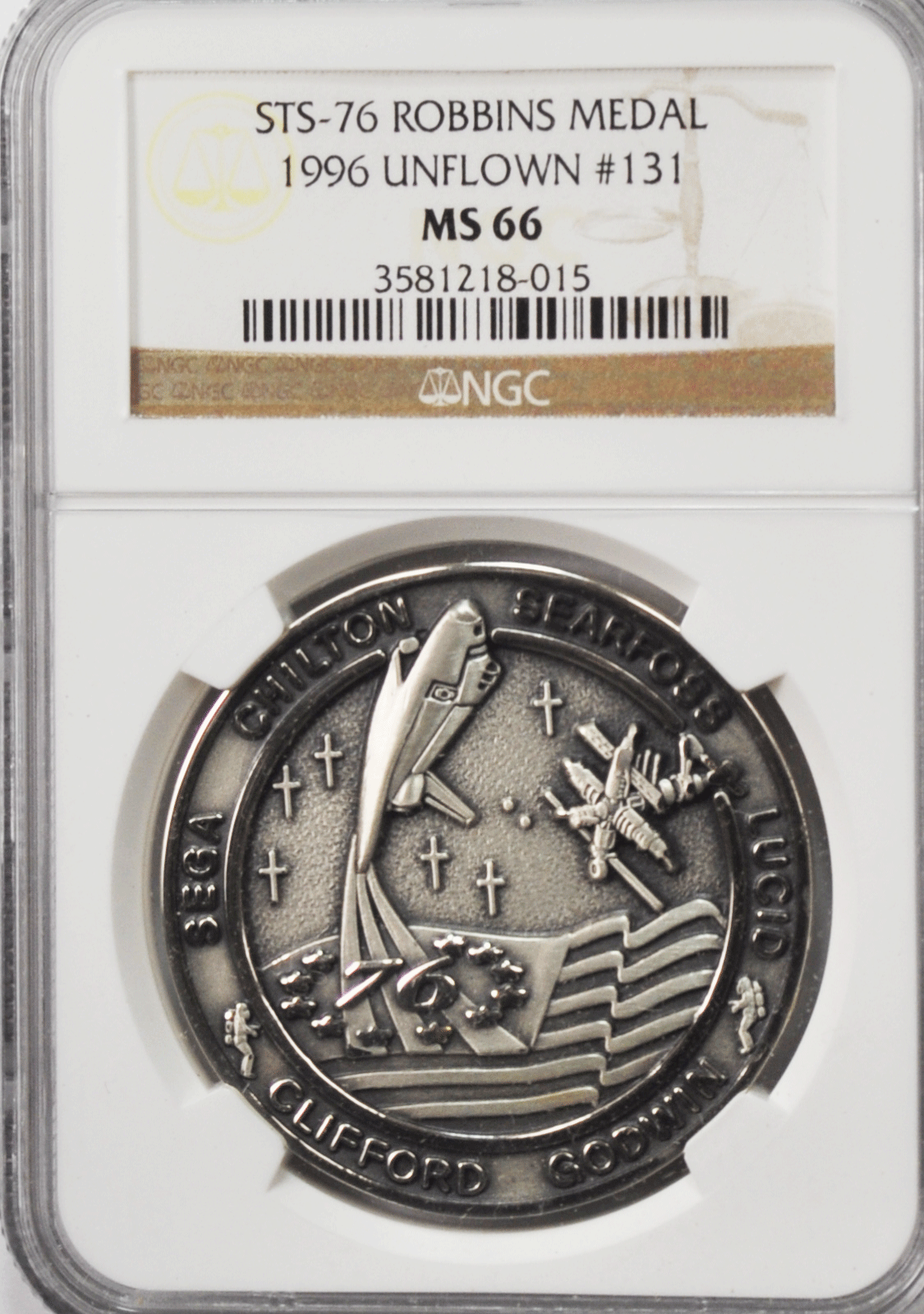 1996 STS-76 Robbins Silver Space Medal Unflown #131 NGC MS66 Atlantis Mir