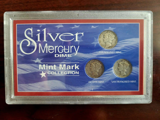 Mint Mark Collection Silver Mercury Dime 3 Coin Set 1941, 1943, P,D,S