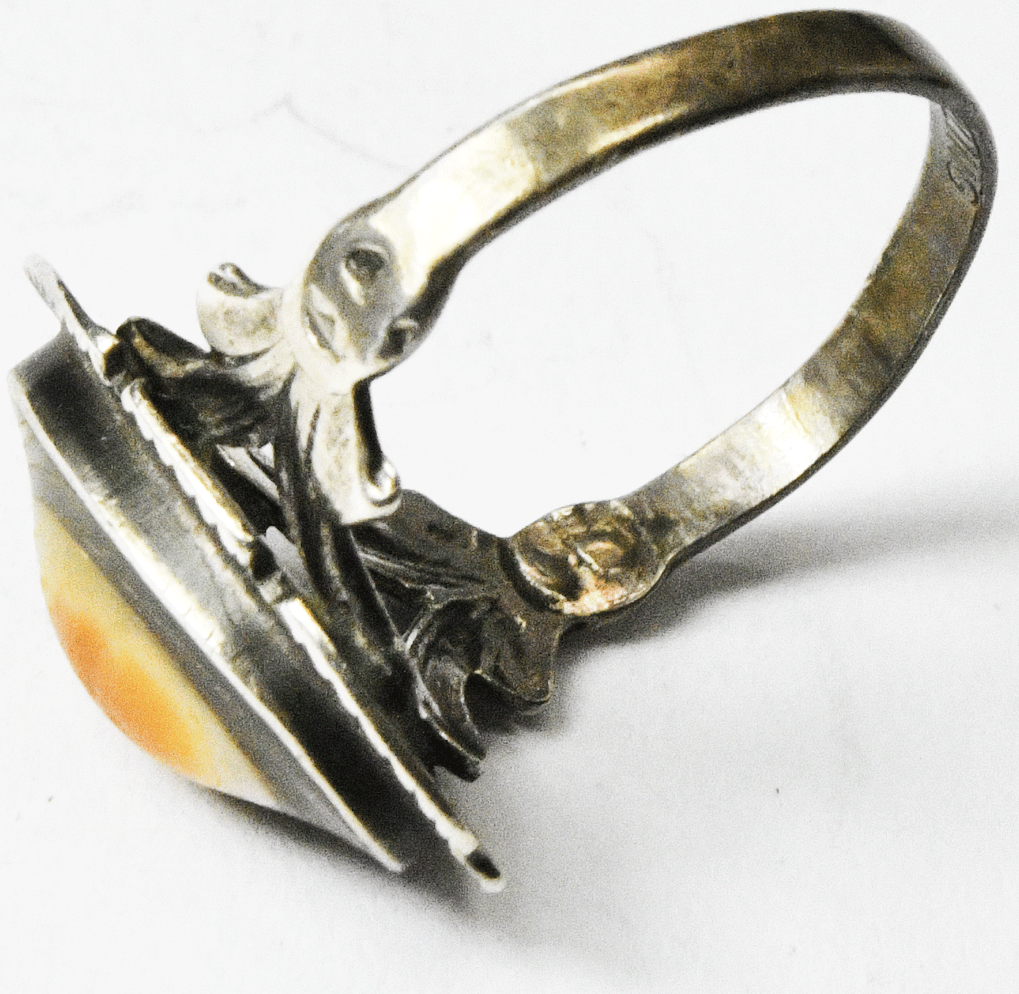 Antique Sterling Silver Carved Shell Orange Ring 18mm Size 7
