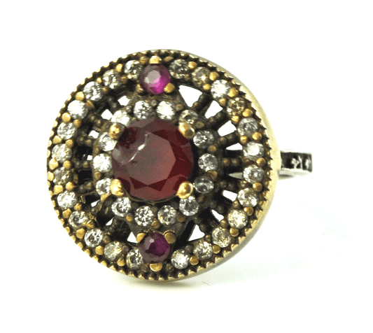 Vintage Sterling Silver Two Tone Halo Red & Pink CZ Ring 18mm Size 6-3/4 Deco