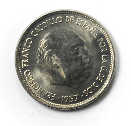 1957 (69) Spain 25 Twenty Five Pesetas KM# 788 AU-Unc