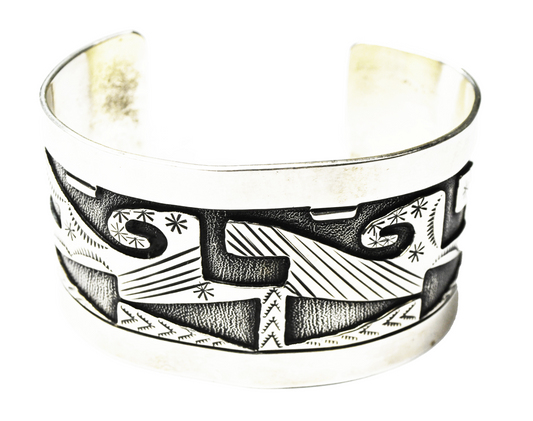 Sterling Wide Textured Striped Abstract Vintage Cuff Bracelet 39mm 7-1/4" Wrist