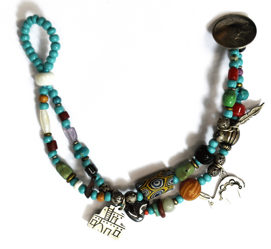 Sterling Turquoise Beaded 2 Strand Toggle Bracelet Buffalo Nickel Bar 8mm  7.75"