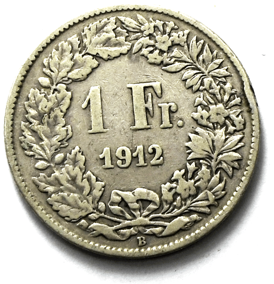 1912 B Switzerland One Franc Silver Coin KM# 24