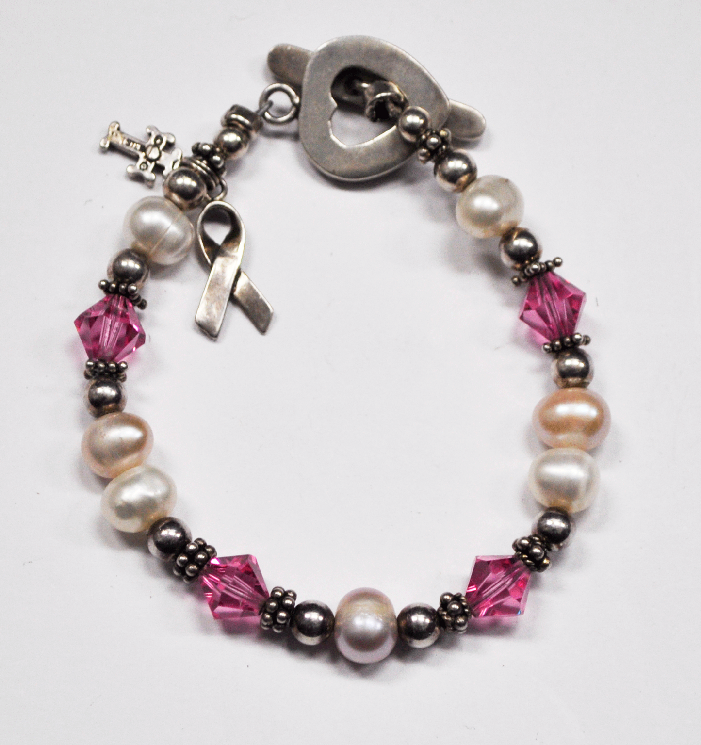 Silver Plated 8mm Bead Pearl Heart 11mm Toggle Bracelet 7"  2 Sterling Charms