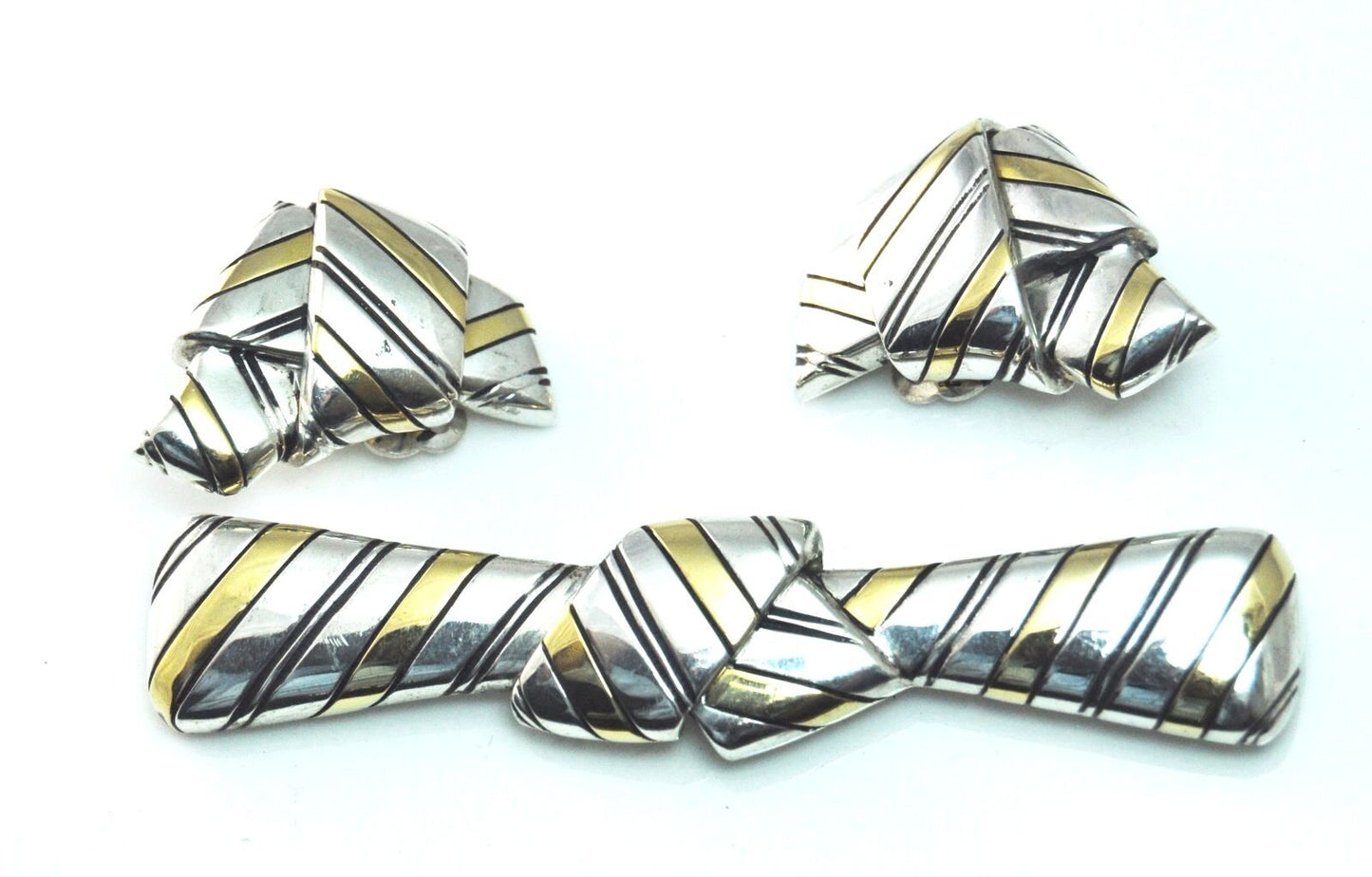 Michael Bondanza Sterling & 18k Striped Bow Tie Knot Brooch Pin & Earring Set