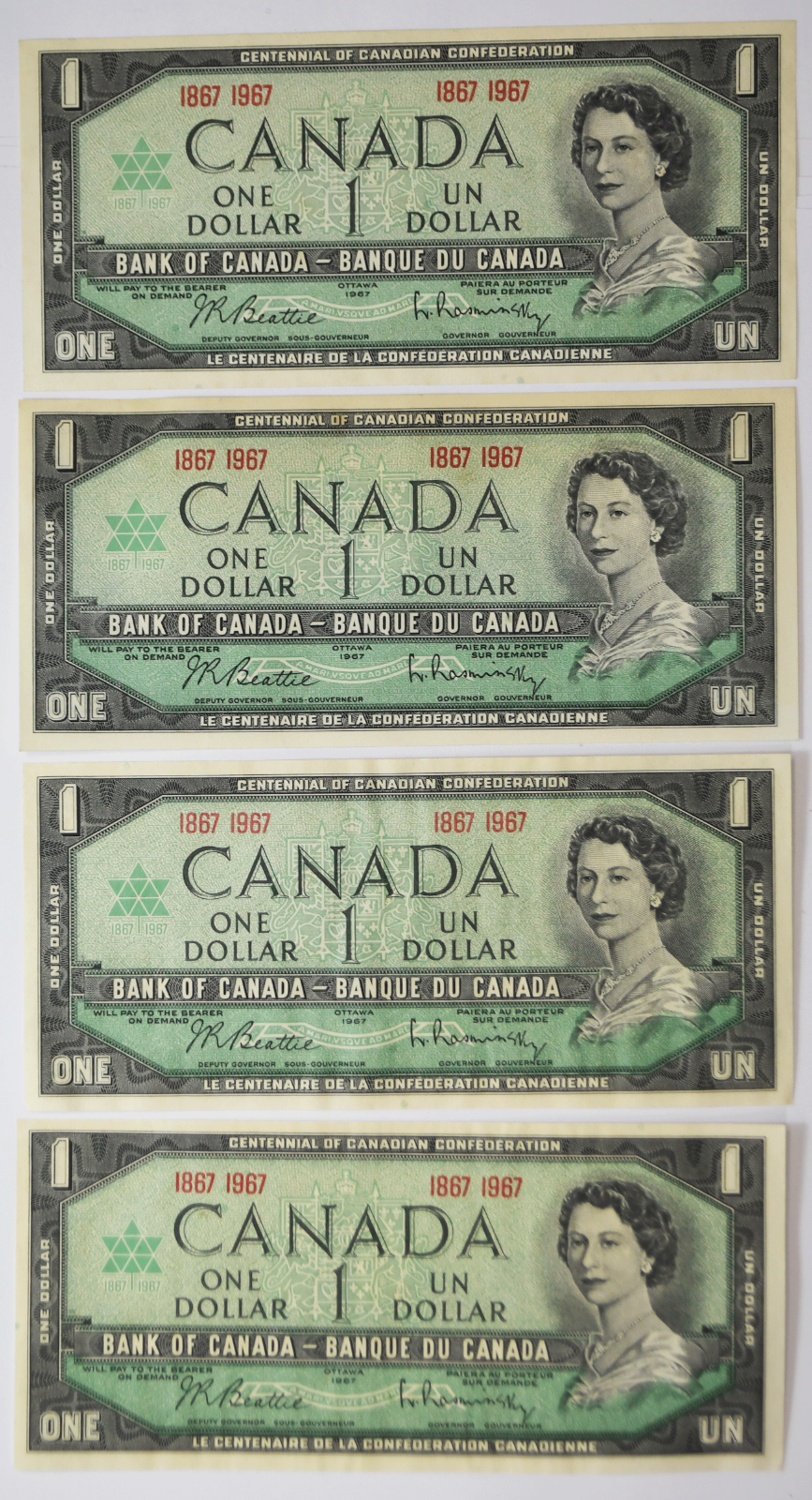 Lot of 4 1867 1967 $1 Canada One Dollar Notes Uncirculated