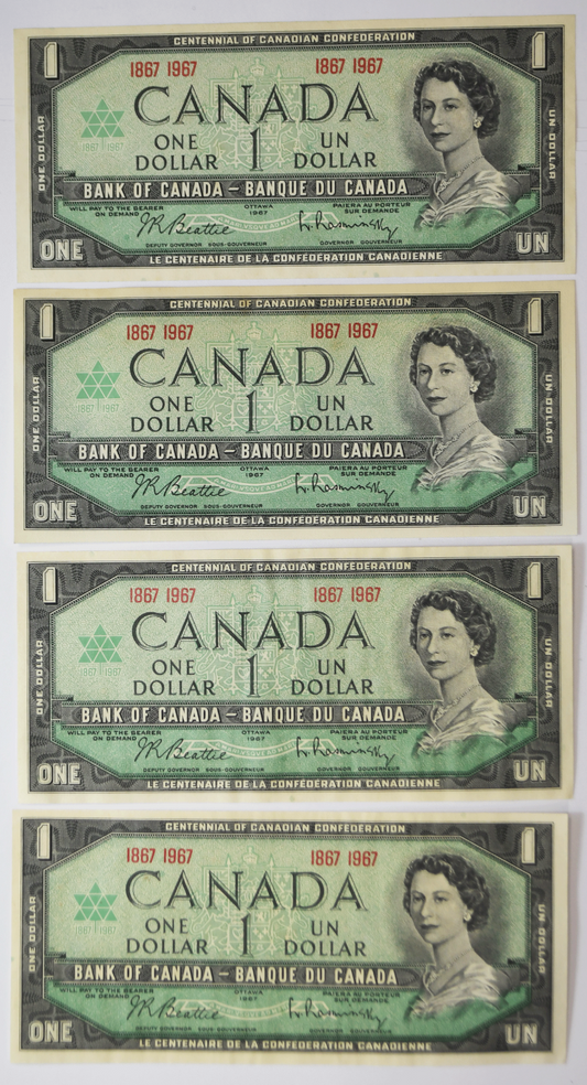 Lot of 4 1867 1967 $1 Canada One Dollar Notes Uncirculated