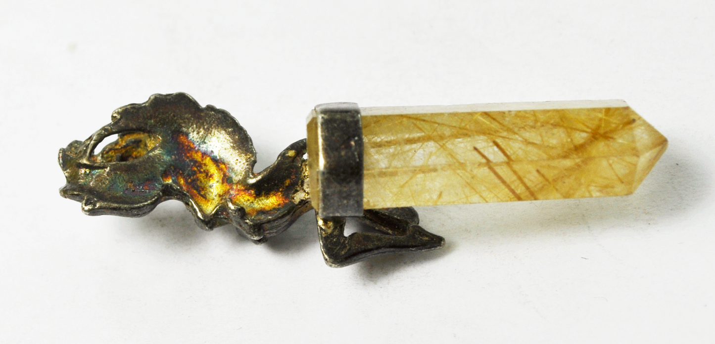 Antique 900 Fine Silver Goddess Angel Rutilated Quartz Point Pendant 2"