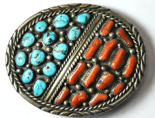 Sterling Turquoise Coral Cluster Oval Belt Buckle 3-3/8" x 2-3/4" Signed Arrow