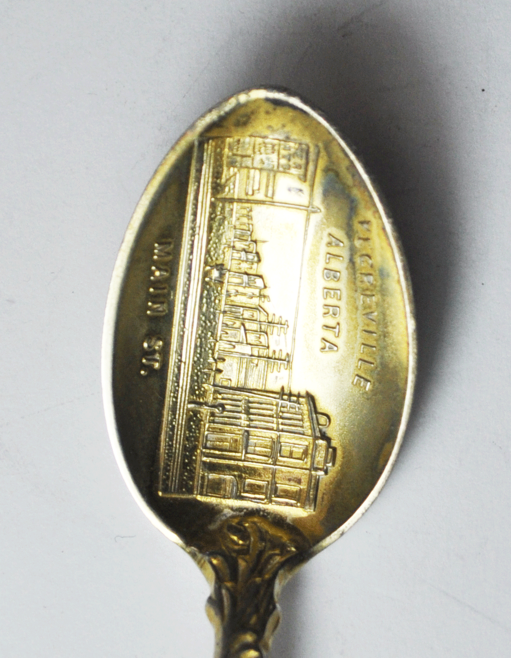 Sterling Vegreville Alberta Main Street Souvenir Spoon Enamel Gold Wash 4"