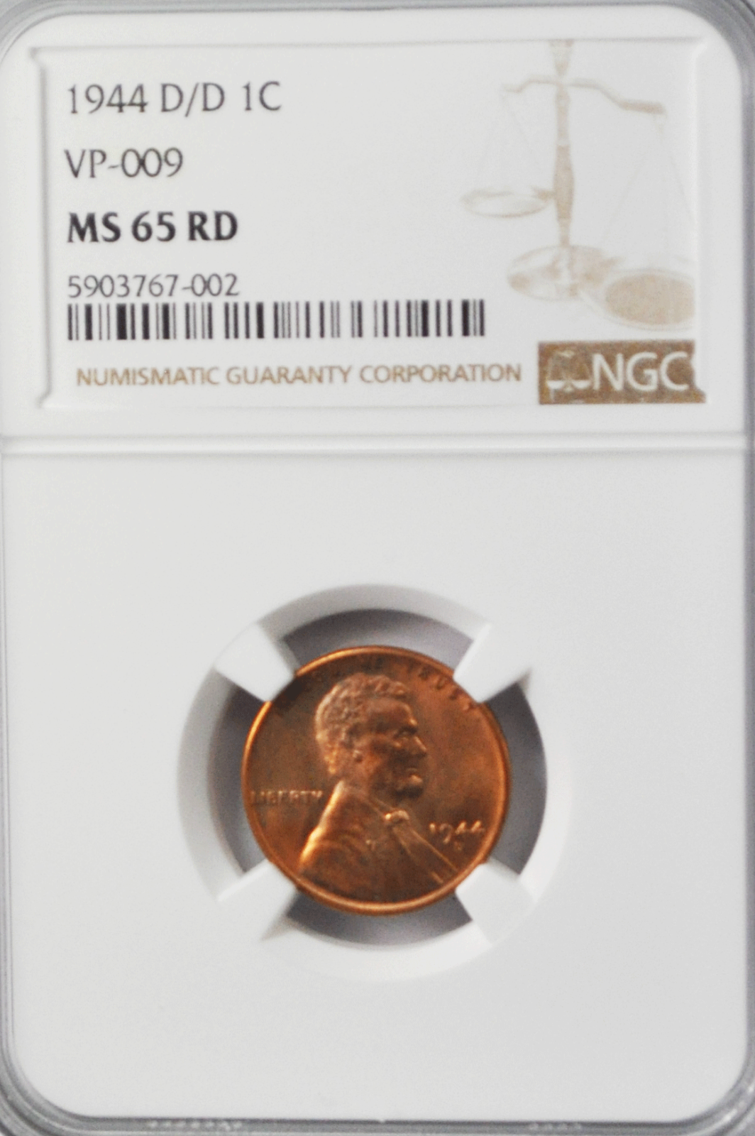 1944 D/D 1c Lincoln One Cent Wheat Cent NGC MS 65 RD VP-009