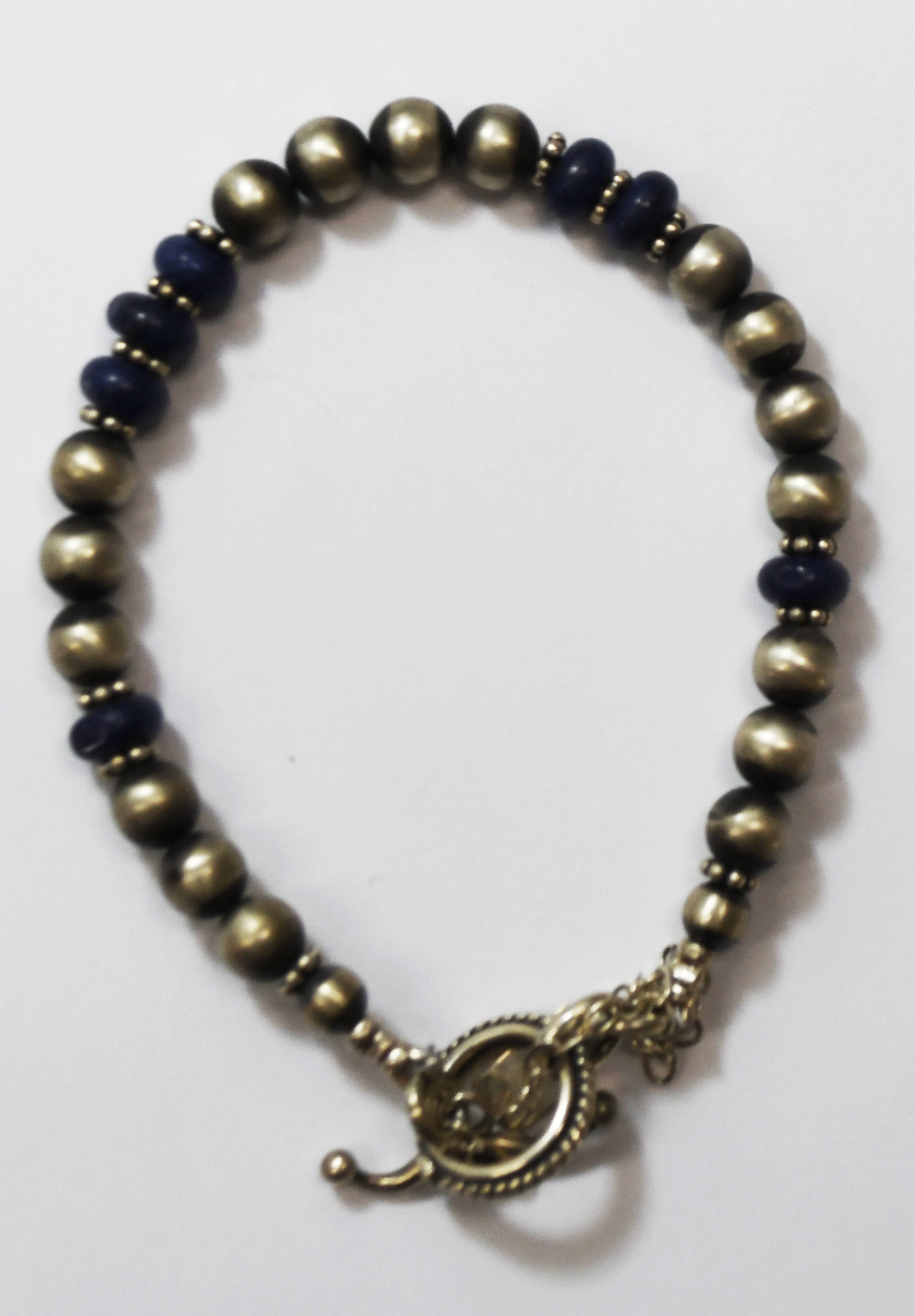 Sterling TMARRA Blue Lapis Bead Toggle Safety Chain Bracelet 6mm  7.5"